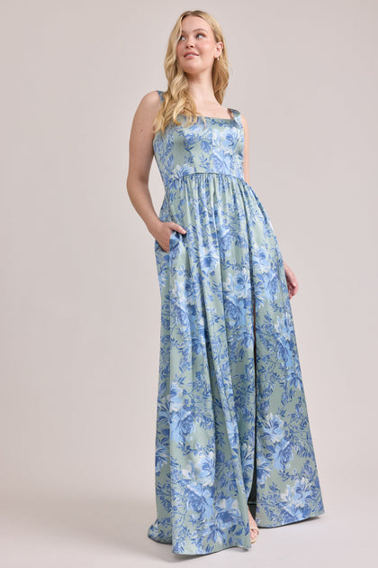 Whitney Satin Floral Print Dress | Made To Order | Sage and Sky Blue Meadow Blooms