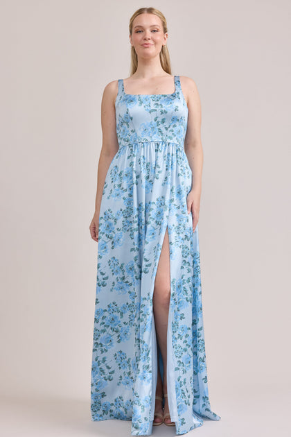 Whitney Satin Floral Print Dress | Made To Order | Sky Blue Blossom