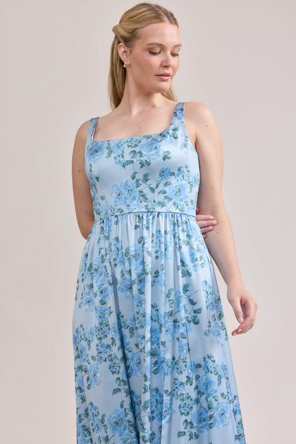 Whitney Satin Floral Print Dress | Made To Order | Sky Blue Blossom