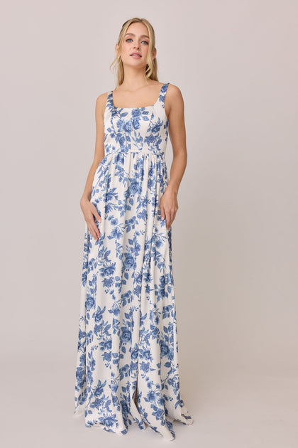 Whitney Satin Floral Print Dress | Made To Order | Dusty Blue Bouquet