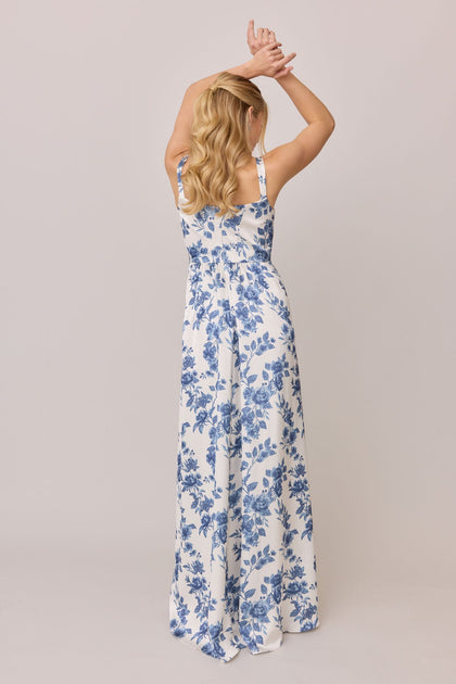 Whitney Satin Floral Print Dress | Made To Order | Dusty Blue Bouquet