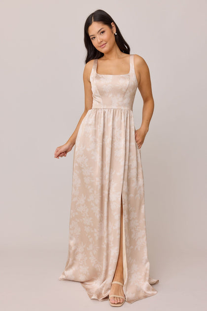 Whitney Satin Floral Print Dress | Made To Order | Gold Champagne Bouquet