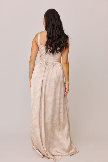 Whitney Satin Floral Print Dress | Made To Order | Gold Champagne Bouquet