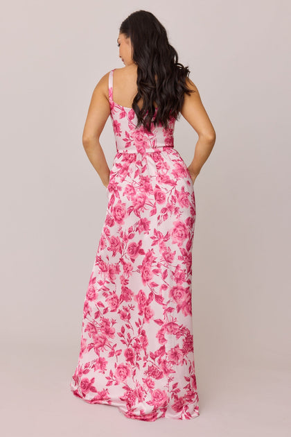 Whitney Satin Floral Print Dress | Made To Order | Hot Pink Garden