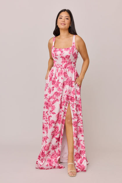 Whitney Satin Floral Print Dress | Made To Order | Hot Pink Garden