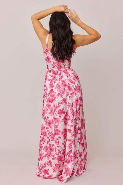 Whitney Satin Floral Print Dress | Made To Order | Hot Pink Garden