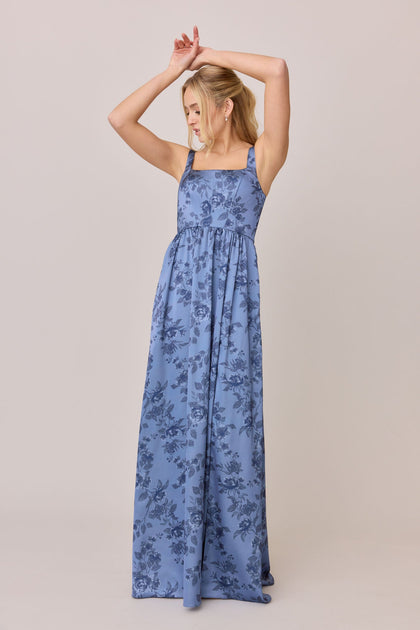 Whitney Satin Floral Print Dress | Made To Order | Indie Blue Bouquet