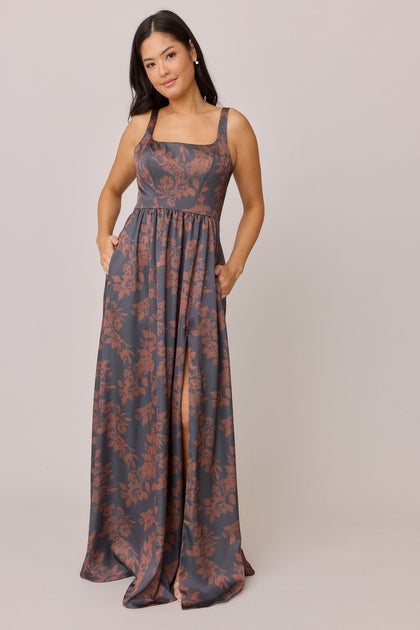 Whitney Satin Floral Print Dress | Made To Order | Mahogany Bouquet