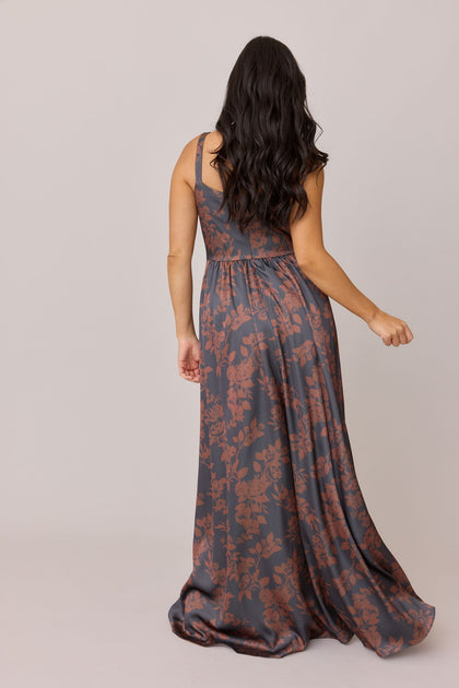 Whitney Satin Floral Print Dress | Made To Order | Mahogany Bouquet