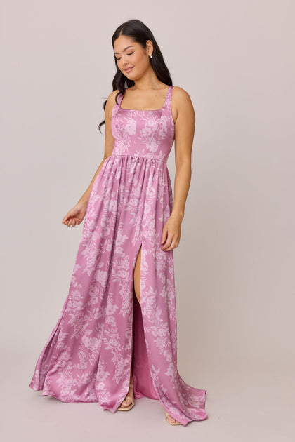 Whitney Satin Floral Print Dress | Made To Order | Mauve Pink Bouquet