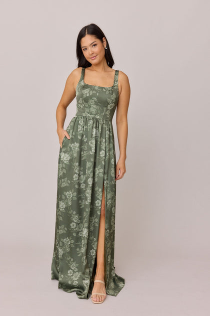 Whitney Satin Floral Print Dress | Made To Order | Olive Bouquet