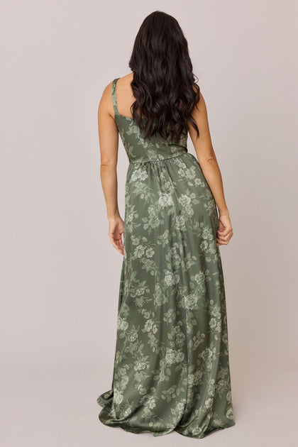 Whitney Satin Floral Print Dress | Made To Order | Olive Bouquet