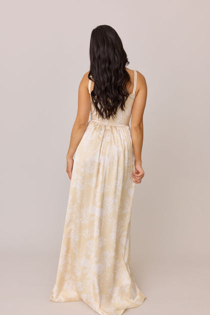 Whitney Satin Floral Print Dress | Made To Order | Pale Yellow Bouquet