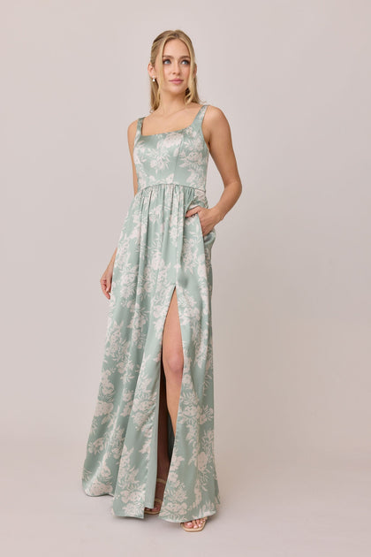 Whitney Satin Floral Print Dress | Made To Order | Sage and Champagne Bouquet