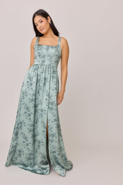 Whitney Satin Floral Print Dress | Made To Order | Sage Bouquet