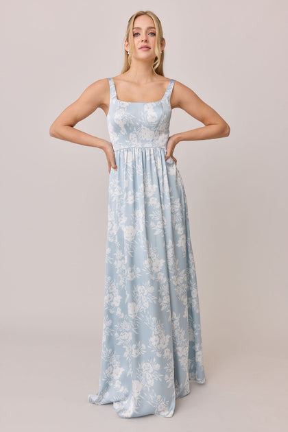Whitney Satin Floral Print Dress | Made To Order | Sky Blue Bouquet