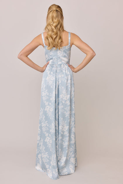 Whitney Satin Floral Print Dress | Made To Order | Sky Blue Bouquet