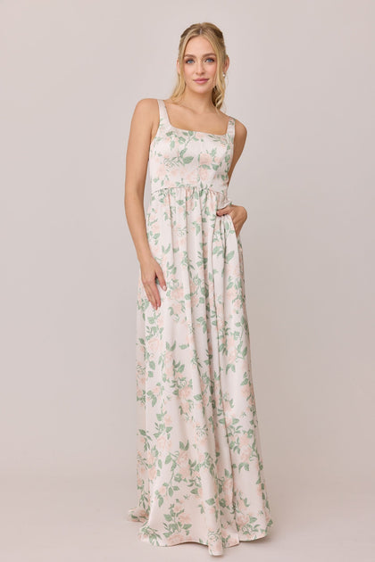 Whitney Satin Floral Print Dress | Made To Order | Soft Champagne Bouquet
