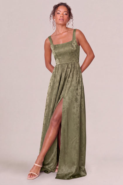 Whitney Satin Jacquard Dress | Deep Olive