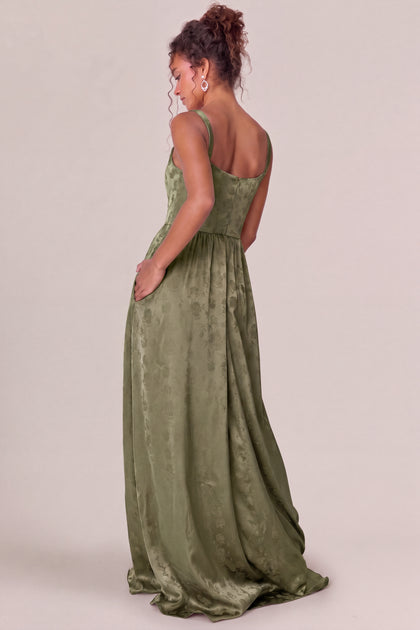 Whitney Satin Jacquard Dress | Deep Olive