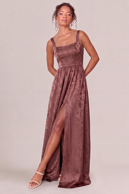 Whitney Satin Jacquard Dress | Mahogany
