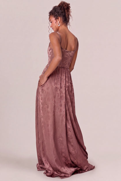 Whitney Satin Jacquard Dress | Mahogany
