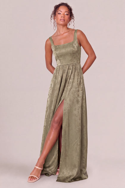 Whitney Satin Jacquard Dress | Moss