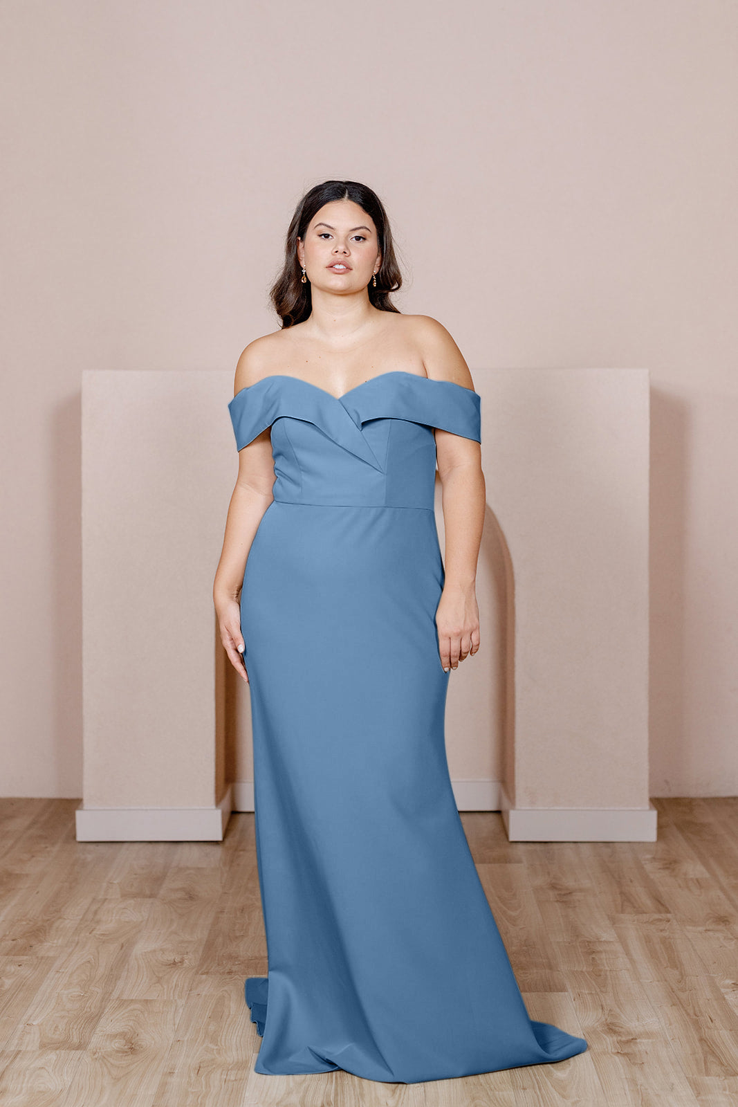 Sample Dusty Blue Bardot Crepe Dress | Ready To Ship 4 Sample Dusty Blue Bardot Crepe Dress | Ready To Ship 4