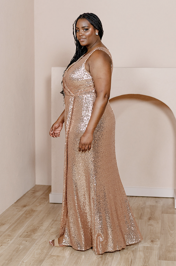 Gold Bridesmaid Dress at Revelry | Bardot Sequin Dress | Made to Order Gold