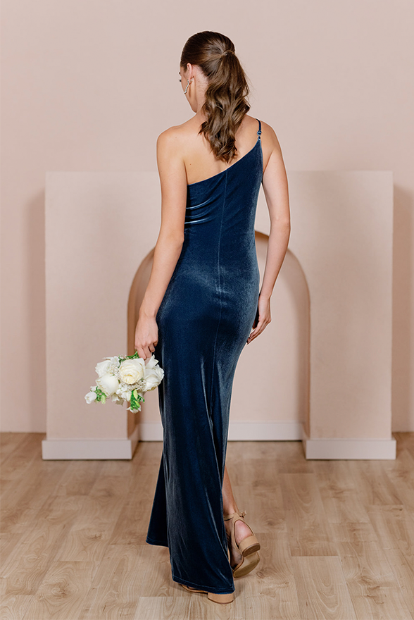 One-shoulder Spaghetti Strap Velvet Maxi Bridesmaid Dress With