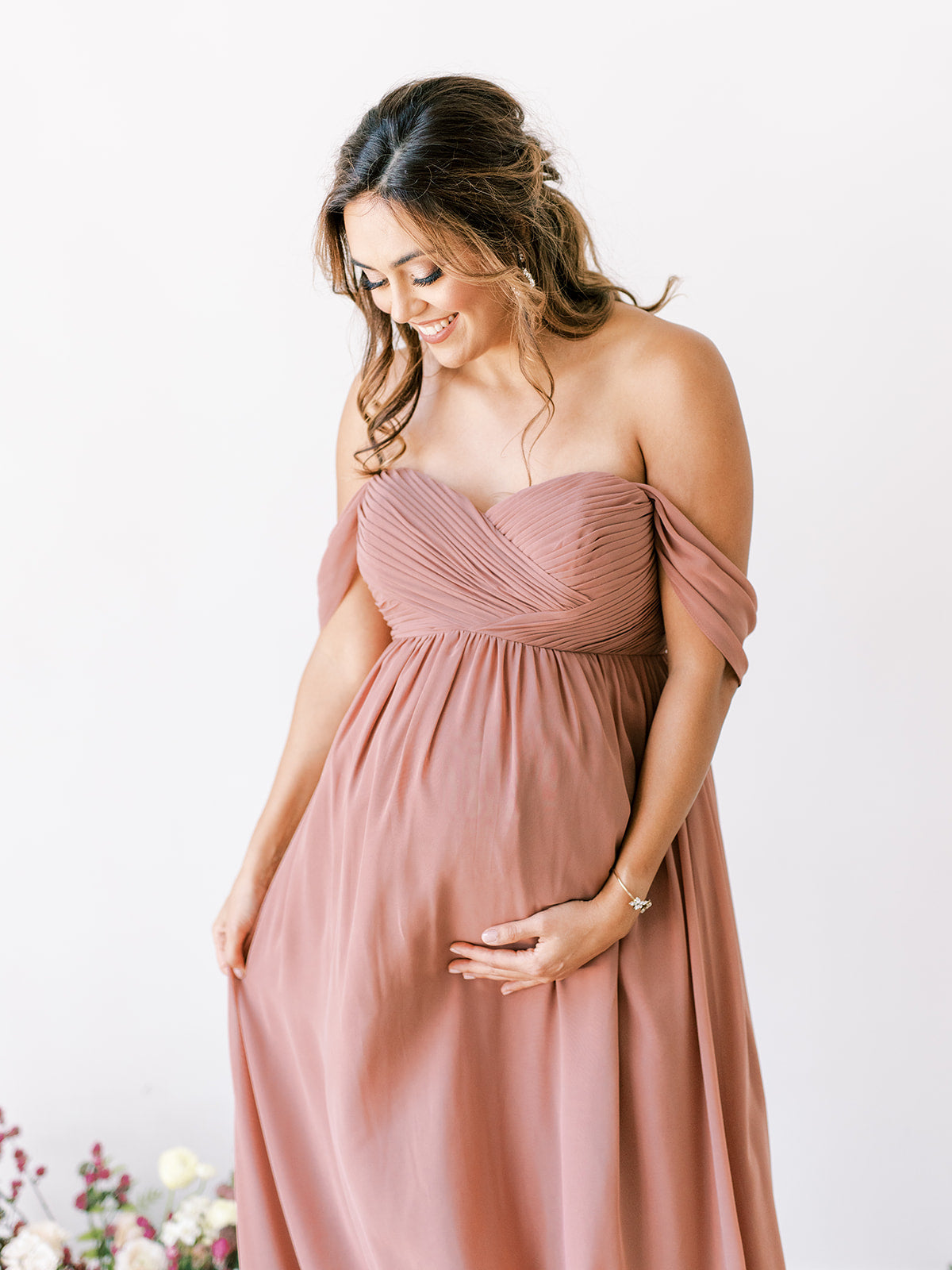 strapless chiffon maternity dress Celese Off the Shoulder Strapless Cape Chiffon Maternity Maxi Dress