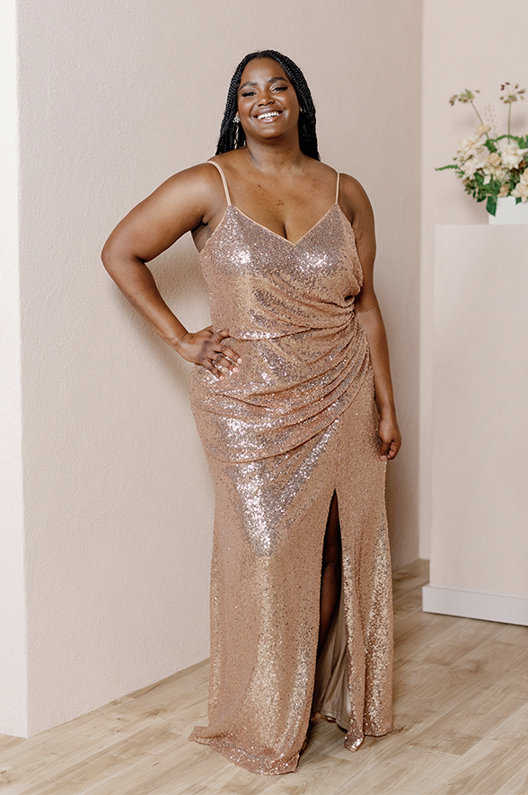 Matte Rose Gold Bridesmaid Dress at Revelry | Rory Sequin Dress | Made to Order Matte Rose Gold