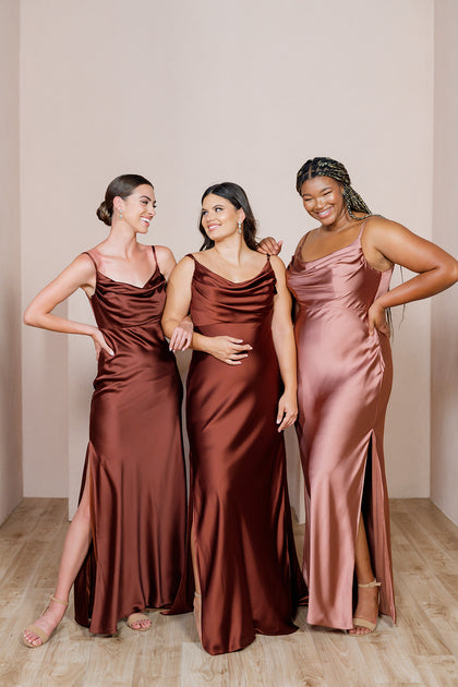 Model on Left: Lindsey; Size: 4; Color: Terracotta Rust | Model in Middle: Barbara; Size: 14; Color: Cinnamon Rose | Model on Right: Ashtyn; Size: 20 Tall; Color: Desert Rose
