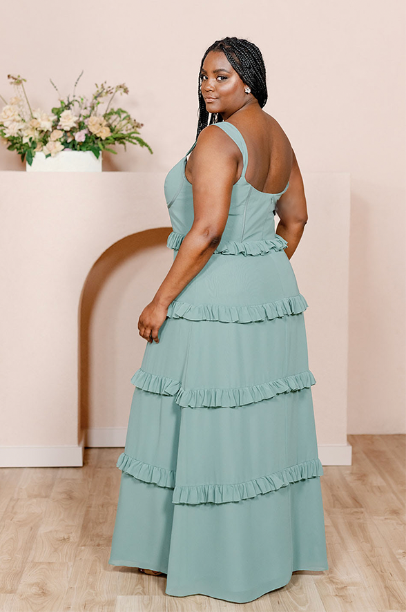 chiffon bottom dress Sawyer Flowing V Neck Ruffles Slit Chiffon Dresses, Desert Rose