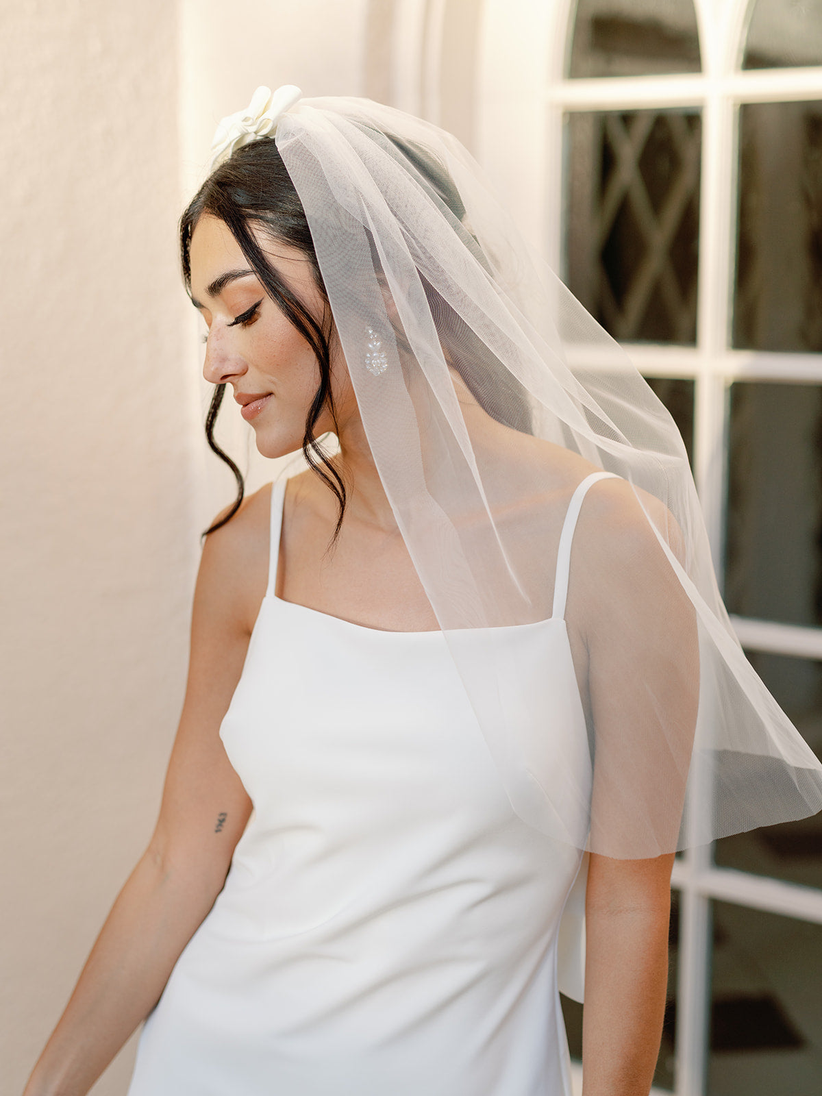 Twigs & Honey Tulle Long Bridal Hair Bow, Veil - Drapey Tulle Bridal Bow Hair Comb - Style #2356