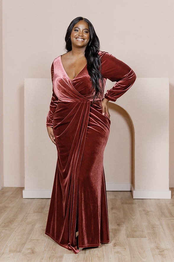plus size velvet dress Copley Shoulder Drape Gown drape detail and a bodycon midi length silhouette Velvet Gown Tadashi Plus Size
